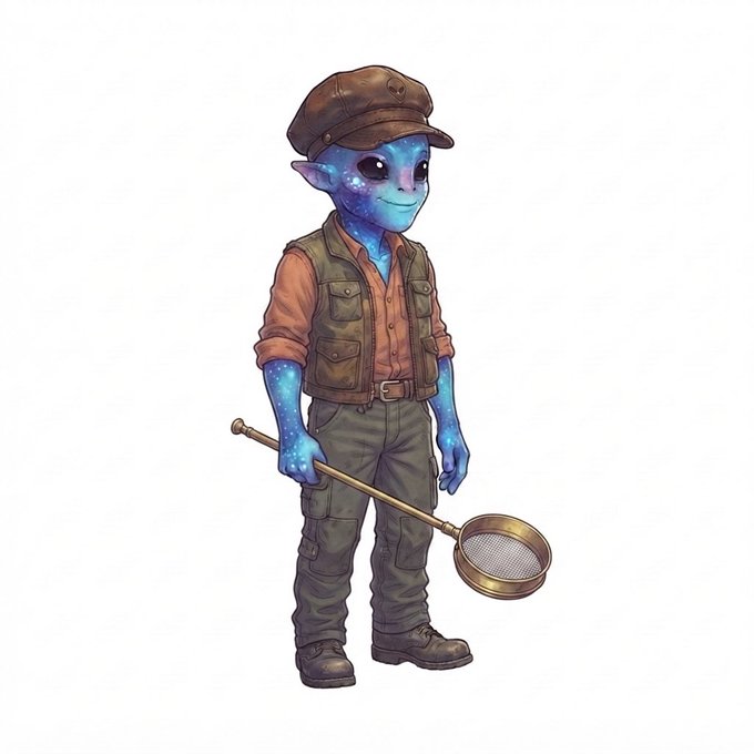 An illustration of a blue, galaxy-patterned alien character dressed as an entomologist with a net and cap.