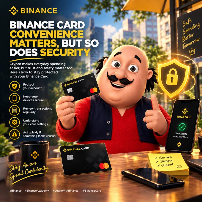 A Binance advertisement featuring a 3D animated character with a mustache holding a credit card, with text including 'BINANCE CARD CONVENIENCE MATTERS, BUT SO DOES SECURITY' and bullet points like 'Protect your account', 'Keep your devices secure', 'Review transactions regularly', 'Understand your card settings', and 'Act quickly if something looks unusual'.