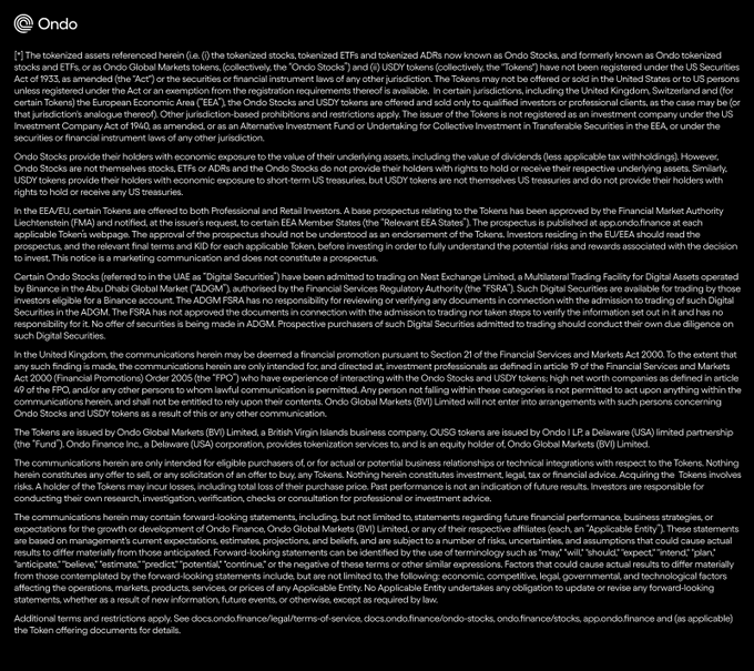 A dense block of legal disclaimer text from Ondo regarding tokenized assets, starting with '[*] The tokenized assets referenced herein...'.