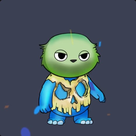 A cartoon-style NFT character featuring a blue body with a green furry head, wearing a tattered yellow/bone-colored vest with a skull design, set against a dark blue background.