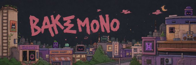 Pixel art illustration of a dark cityscape at night with the word 'BAKEMONO' written in large red brushstroke letters across the sky above stylized buildings and signs.