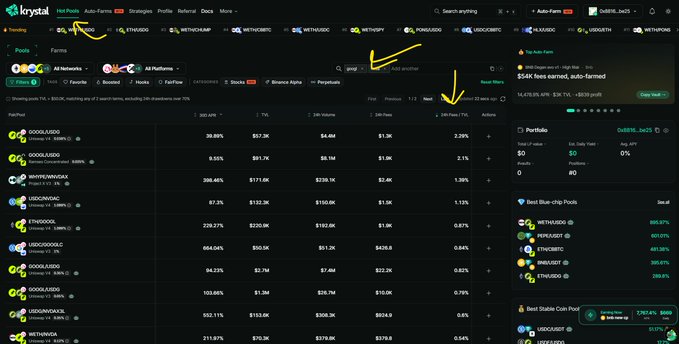 A screenshot of the Krystal platform website showing trending auto-farmed pools, with yellow arrows highlighting navigation options like 'Hot Pools', 'Trending', and 'Next' filter.