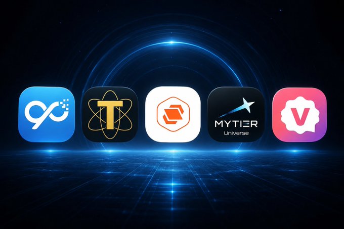 Five cryptocurrency or app icons displayed against a dark blue background with glowing light effects, including an infinity symbol, an atom logo, an orange hexagonal icon, a 'MYTIER Universe' logo, and a 'V' badge.