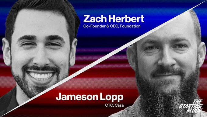 A promotional graphic for "The Starting Block" show featuring black-and-white headshots of Zach Herbert (Co-Founder & CEO, Foundation) and Jameson Lopp (CTO, Casa) against a red and blue diagonal background, advertising their discussion on the Coldcard exploit and Bitcoin self-custody.