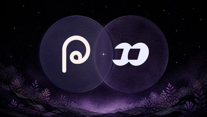 Two overlapping purple celestial orbs display stylized logos—a cursor-like "p" symbol and a ribbon-shaped emblem—set against a starry night sky with silhouettes of plants and hills along the bottom. The imagery appears to visually represent the partnership mentioned in the post, with the two logos symbolizing the collaboration between Programmable and its partner.