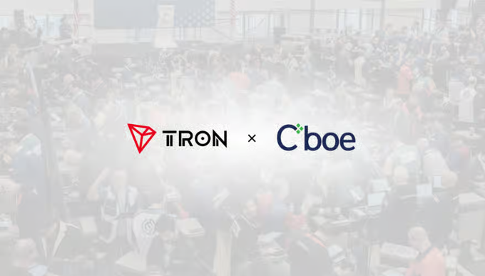 A faded background image of a busy trading floor features the logos for 'TRON' and 'Cboe' with an 'x' between them.