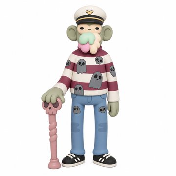 A 3D-rendered designer toy figure of a monkey dressed in a striped sailor shirt with ghost patterns, blue jeans, a sailor hat, and holding a pink cane.