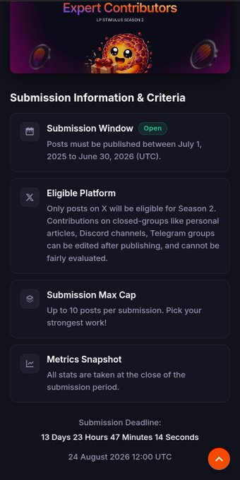 Expert Contributors LP Stimulus Season 2 submission information page detailing criteria with a countdown of 13 days, 23 hours, 47 minutes, 14 seconds until the 24 August 2026 deadline.
