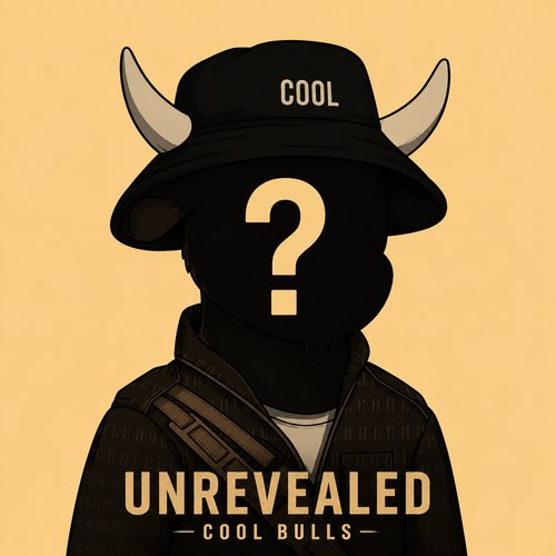 A stylized graphic of a mysterious silhouetted figure wearing a bucket hat labeled "COOL" with bull horns emerging from it, and a question mark on the face, with the text "UNREVEALED - COOL BULLS" at the bottom.
