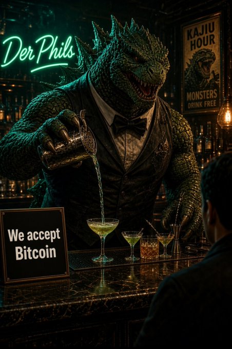 An AI-generated illustration of a reptilian monster in a vest and bow tie pouring a drink behind a bar, with signs reading 'Der Phil's', 'KAIJU HOUR', and 'We accept Bitcoin'.