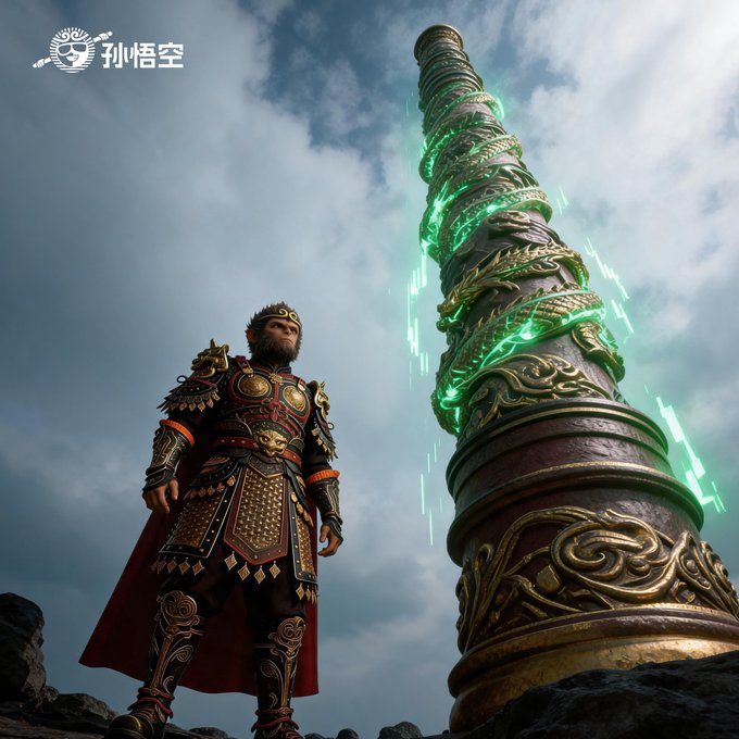 A cinematic fantasy scene shows an armored warrior with a red cape standing beside a towering ornate pillar wrapped with glowing green dragon carvings; the watermark '孙悟空' (Sun Wukong) appears in the upper left.