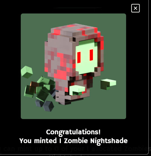 A digital interface displaying a 3D pixel-art zombie character with a message reading "Congratulations! You minted 1 Zombie Nightshade".