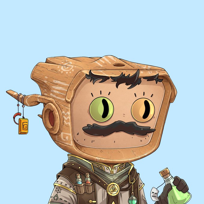 Cartoon-style illustration of a cute wooden/alchemist character with a square bread-like head, sporting a black mustache and mismatched green and yellow eyes, holding a glowing green potion bottle.