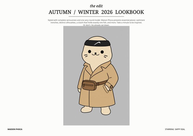A fashion lookbook page titled 'the edit AUTUMN / WINTER 2026 LOOKBOOK' from Maison Phooca, featuring an illustration of a smiling seal character in a trench coat with a fanny pack, captioned 'STARRING SAPPY SEAL'.