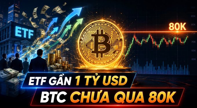 A promotional graphic with Vietnamese text 'ETF GẦN 1 TỶ USD' and 'BTC CHƯA QUA 80K' featuring a glowing Bitcoin, upward arrows, cash, ETF signage, and a price chart showing Bitcoin approaching the 80K mark.