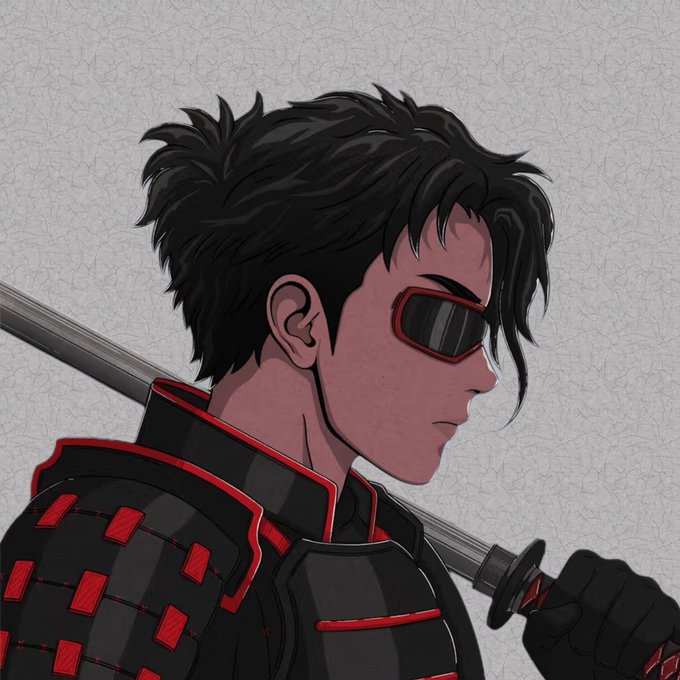 A digital illustration of a warrior character in profile view with messy black hair, red sunglasses, and samurai-style black and red armor. He holds a katana sword against a textured gray background.