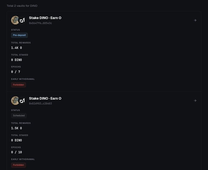 The image shows a dashboard displaying 2 vaults for staking $DINO to earn $O tokens, with Vault #1 showing a "Pre-deposit" status, 1.4K O total rewards, 0 DINO staked, and 8/7 epochs, matching the post about the staking vault offering 1,400 $O in rewards.