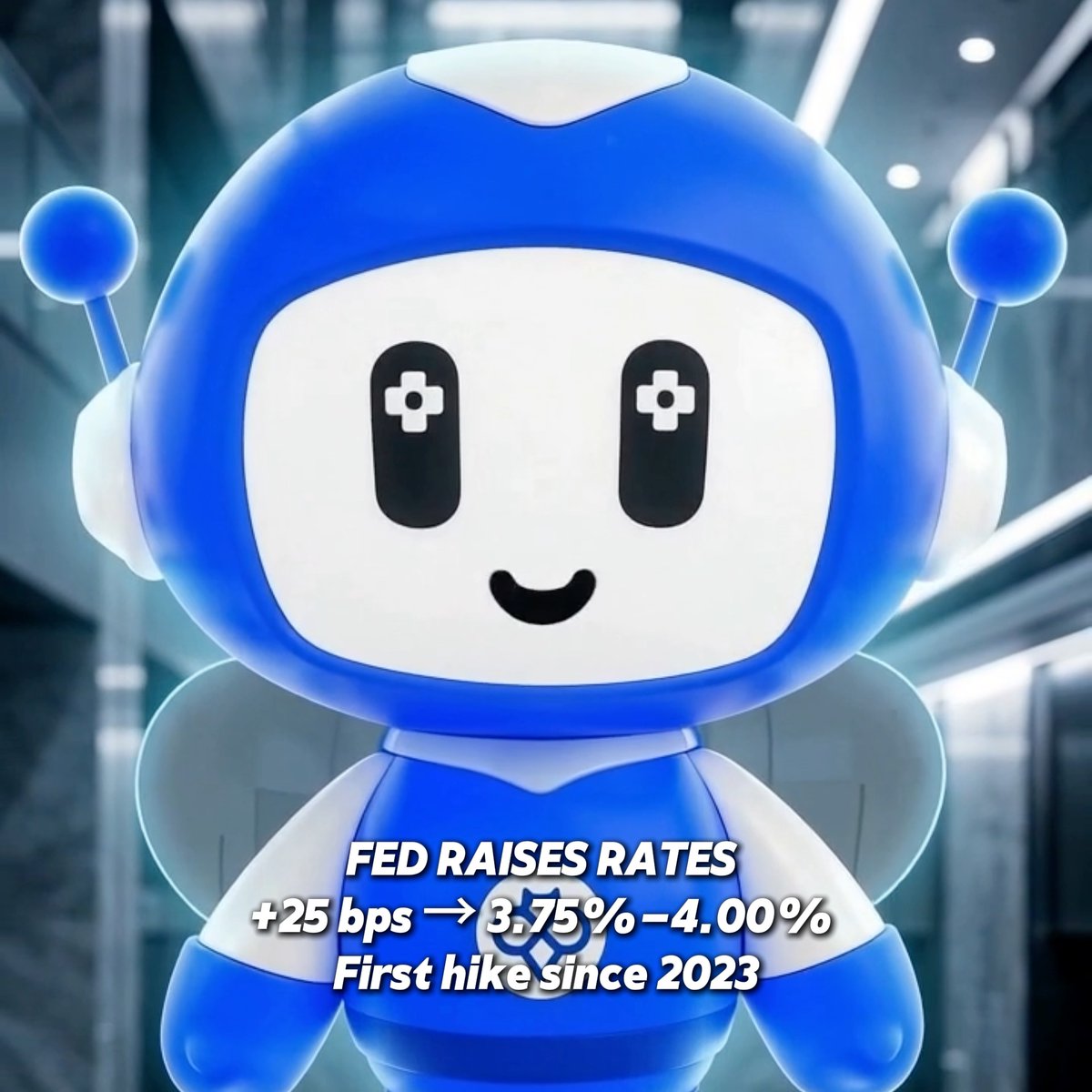 An AI-generated blue robot character resembling an Astro Bot with D-pad eyes, overlaid with text stating 'FED RAISES RATES +25 bps → 3.75%–4.00% First hike since 2023'.