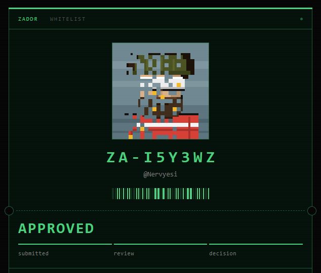 A pixelated character illustration appears above the wallet address "ZA-I5Y3WZ" (@Nervyesi), displayed on a dark green interface with "ZADDR WHITELIST" in the top corner and "APPROVED" prominently shown at the bottom. The image confirms the user's successful nomination to the @zaddrnet whitelist, visually celebrating their approved status while prompting others who may also be waiting for their nomination.