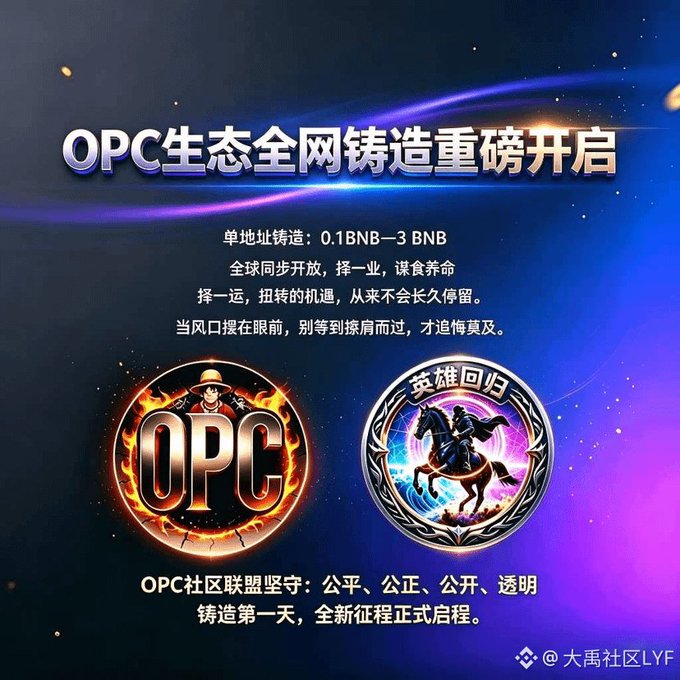 A promotional poster in Chinese for the OPC ecosystem minting event, featuring an OPC logo with a fiery figure and a 'Hero Return' logo with a knight on horseback.