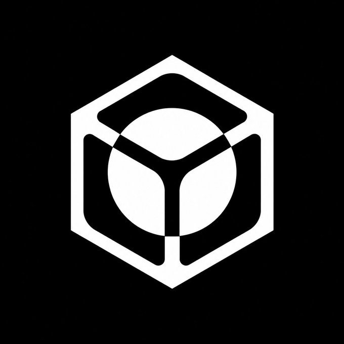 A minimalist white geometric logo featuring a hexagon with a cube-like design and a central sphere on a black background.