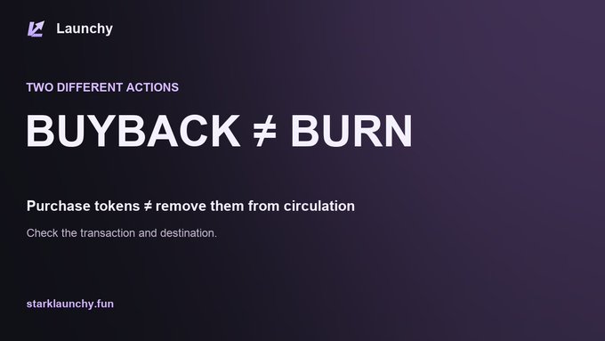 Launchy promotional graphic with the text "TWO DIFFERENT ACTIONS - BUYBACK ≠ BURN - Purchase tokens ≠ remove them from circulation" on a dark purple background.