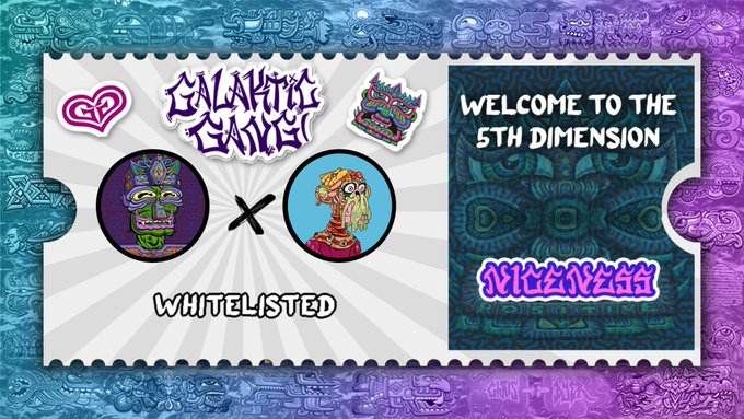 A promotional graphic announces a whitelist partnership between Blazed Kats and Galaktic Gang NFT, featuring the text "WELCOME TO THE 5TH DIMENSION," "GALAKTIC GANG," and "BLAZED KATS WHITELISTED" alongside colorful mask illustrations on a ticket-style background. The image aligns with the post's announcement of guaranteed whitelist spots being offered to subscribers of the Blazed Kats community.