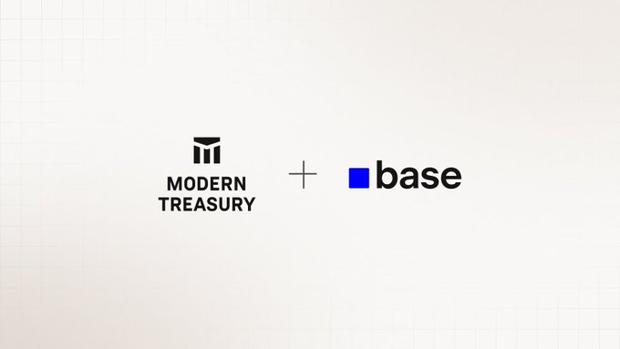 The image features a logo for Base that includes a black and white design with a blue square in the center, accompanied by the words "Modern Treasury" and "Base" written below it. The background of the image is white, which contrasts with the black elements on the logo. The text "Base is bringing millions of people onchain. We're connecting them to the systems they use today. We're supporting USDC on @Base so developers can move money, reconcile, and manage compliance in one API." This description highlights the partnership between Base and Modern Treasury, emphasizing their collaboration for a seamless user experience.