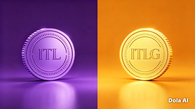 A Dola AI generated image showing two coins side by side, a purple coin labeled 'ITL' on the left and a gold coin labeled 'ITLG' on the right.