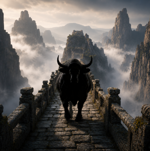A massive dark bull with long horns stands menacingly in the center of a crumbling stone bridge that stretches into a misty, mountainous landscape. The image evokes the post's message that "every bridge leads somewhere," with the bull symbolizing a powerful force guiding the way toward the $SHADOW token.