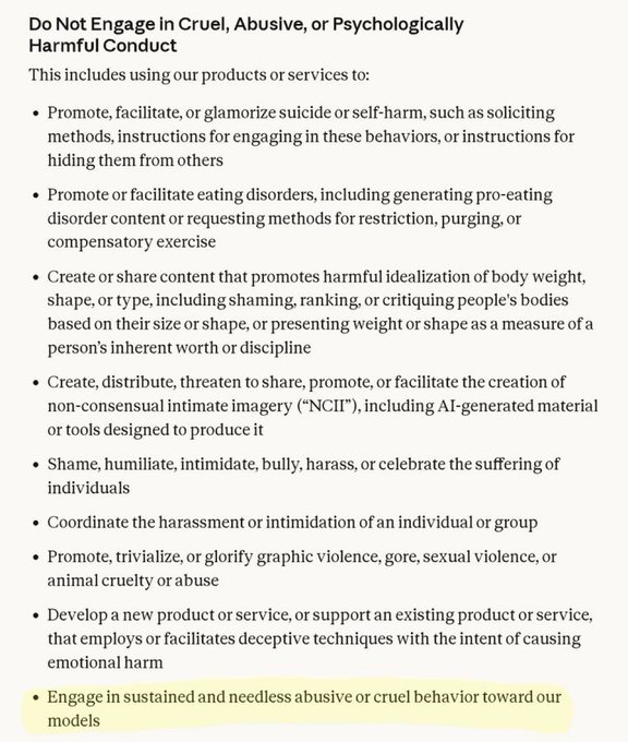 The image shows a section titled “Do Not Engage In Cruel, Abusive, or Psychologically Harmful Conduct,” listing prohibited uses such as promoting suicide or self-harm, eating disorders, body-shaming, non-consensual intimate imagery, bullying, harassment, and animal cruelty. The final bullet, highlighted in yellow, states: “Engage in sustained and needless abusive or cruel behavior toward our models,” which the accompanying post appears to reference in a sarcastic “name and shame” comment about @chamath and @DarioAmodei.