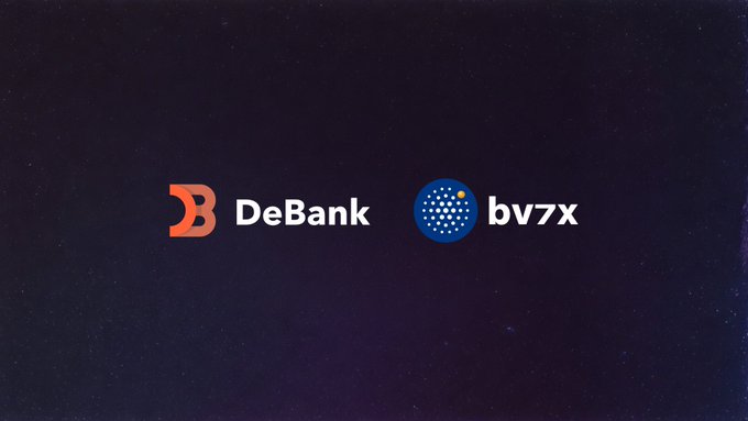 Dark-themed graphic displaying the logos for DeBank and bv7x side by side.