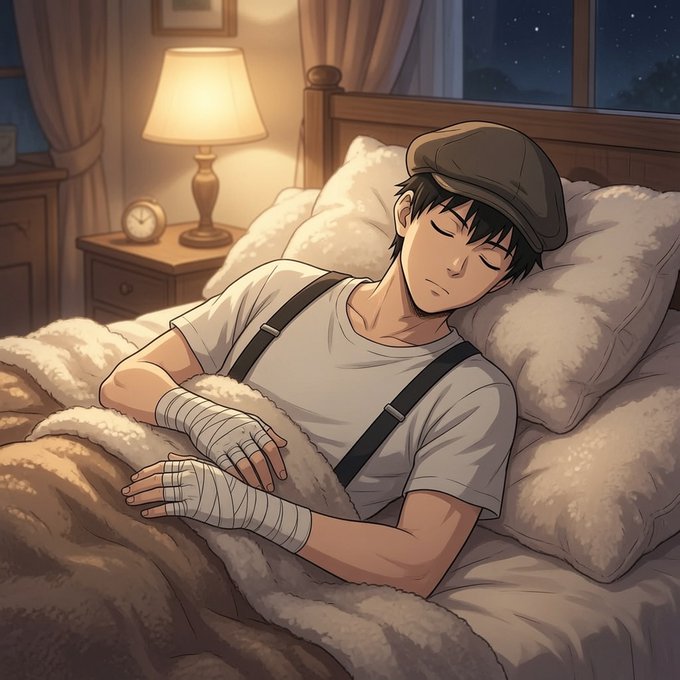 An anime-style illustration of a young man with bandaged hands sleeping in a bed, wearing a flat cap and suspenders, with a lamp glowing on the nightstand.