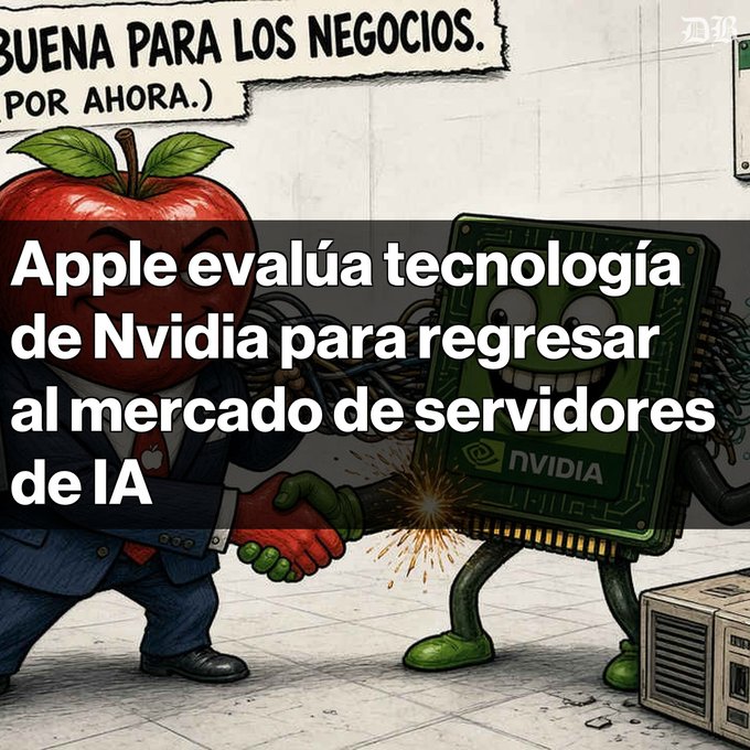 A political cartoon showing an apple character shaking hands (with sparks) with an anthropomorphic NVIDIA chip, with Spanish text overlay reading 'Apple evalúa tecnología de Nvidia para regresar al mercado de servidores de IA' and partial top text 'BUENA PARA LOS NEGOCIOS. POR AHORA.)'