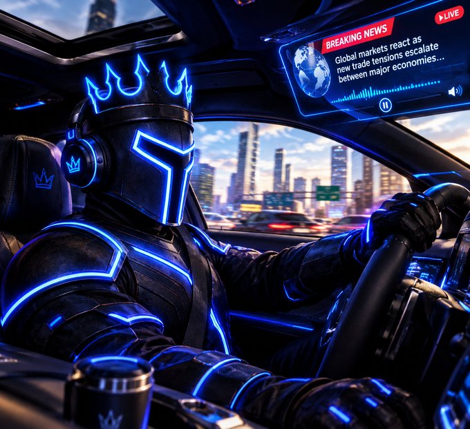 Stylized digital artwork of a futuristic armored figure with glowing blue neon accents driving a car while listening to a breaking news report about global markets reacting to trade tensions.