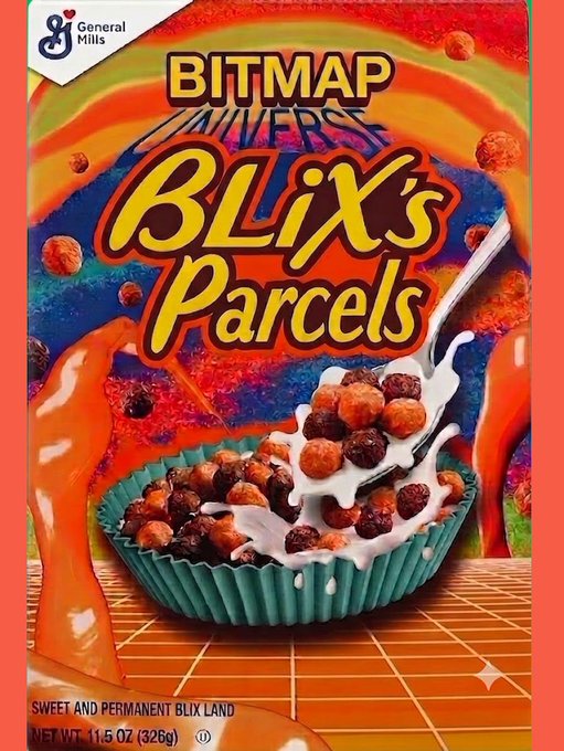 A parody cereal box design parodying 'Bitmap Universe' style, labeled 'BLIX'S Parcels' with General Mills branding and the tagline 'SWEET AND PERMANENT BLIX LAND'.