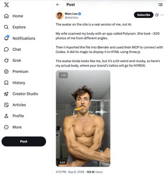 The image shows a post on X (formerly Twitter) by user "Marc Lou" (@marc_lou), displayed alongside the platform's navigation menu featuring options like Home, Explore, Notifications, Grok, Premium, and Posts. The post, timestamped 4:10 PM Sep 8, 2026 with 122K Views, discusses Marc Lou's version of himself not being AI, mentioning his wife scanning his body with an app called Polycam for ~300 photos from different angles, which he then imported into Blender and used MCP to connect with Codex to create an avatar. The accompanying image shows a shirtless, muscular man with wavy brown hair eating a banana, with text describing him as the "avatar kinda looks like me, but it's a bit weird and clunky." This relates to the post's context about building a digital avatar/body marketplace, with Marc Lou announcing his new platform "buymybody.fit" that simplifies the process from 300 photos to just 1
