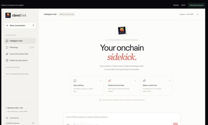 Screenshot of the CLAWD bot interface featuring 'Your onchain sidekick,' with chat options to ask anything, explore the low feed, and make a useful tool.