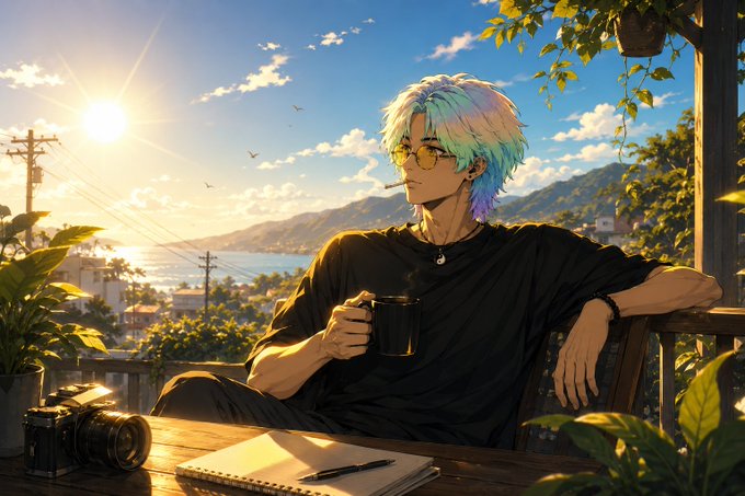 An anime-style illustration of a person with multicolored hair and sunglasses relaxing on a balcony with a coffee cup, overlooking a coastal scene at sunset.