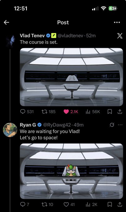 A social media post by Vlad Tenev showing a futuristic, minimalist spaceship interior, with a reply from Ryan G featuring a cartoon Yoda superimposed in the pilot's seat.