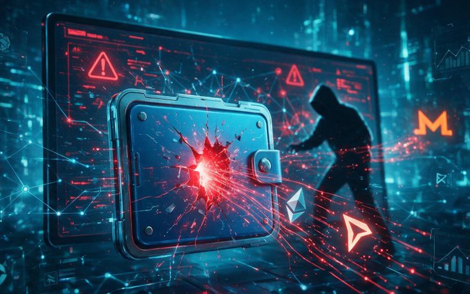A cyberpunk-themed digital illustration showing a hooded figure attempting to crack open a digital safe with cracks and red energy emanating, set against a futuristic blue digital background with warning triangles and crypto icons including Ethereum.