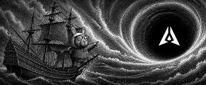 A black-and-white illustration depicting a Bored Ape-style character at the helm of a pirate ship sailing toward a swirling black hole containing the Ethereum (ETH) logo.
