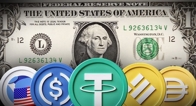 A U.S. one-dollar bill featuring George Washington serves as the backdrop, overlaid with cryptocurrency logos including USD Coin (USDC), Tether (USDT), Binance Coin (BNB), and DAI, visually connecting traditional U.S. currency with the blockchain and digital asset programs discussed in the accompanying post about 75% of U.S. banks adopting blockchain technology.