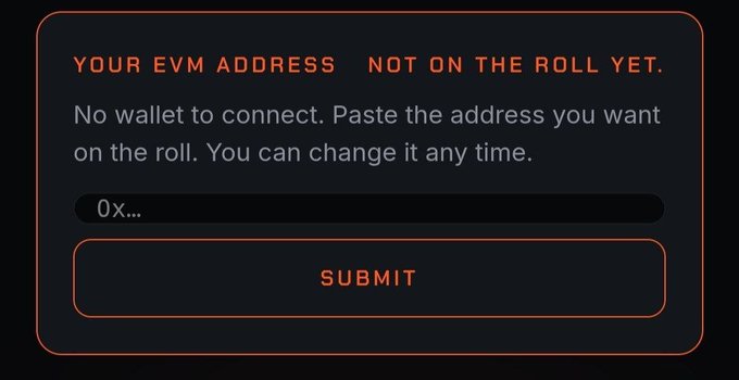 A dark-themed interface prompts users to "Your EVM address not on the roll yet," with instructions to paste and submit a wallet address. The image illustrates the Numen Cash airdrop eligibility process described in the post, where users need to submit their EVM address if they've been selected for the project.