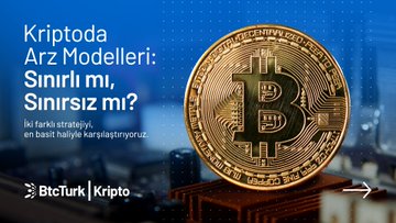 A promotional graphic for BtcTurk Kripto features a golden Bitcoin coin against a blurred cityscape backdrop, with Turkish text reading "Kriptoda Arz Modelleri: Sınırlı mı, Sınırsız mı?" (Supply Models in Crypto: Limited or Unlimited?), alongside a note that readers will find strategies in their simplest form. The image visually anchors the article's discussion of token supply mechanisms, with Bitcoin's iconic coin symbolizing the original capped-supply model being compared to unlimited alternatives.