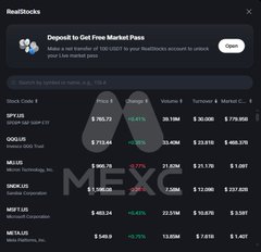 A RealStocks interface shows a deposit promotion offering free USDT and a watchlist featuring tickers like SPY, QQQ, MRVL, META, and NFLX with their prices and volume data.