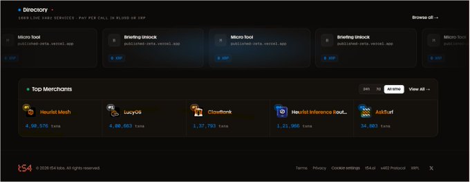The image displays a dashboard for an x402 services directory, showing 1,689 live services paying per call in RLUSD or XRP, with a "Top Merchants" section listing Heurist Mesh (490,576 txns), LucyOS (400,663 txns), ClawBank (137,793 txns), Heurist Inference Request (121,366 txns), and AskSurf (24,083 txns) by transaction volume, illustrating the Ripple-powered machine-to-machine payments infrastructure highlighted in the post.