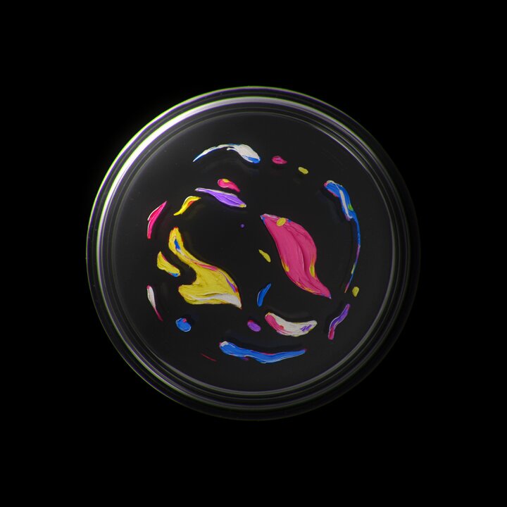 The image features a circular glass plate with colorful paint splatters, creating an abstract art piece. The plate has a black background that contrasts with the vibrant colors of the paint. The text "GM My latest frame by frame animation Hidden Colony - Culture 01" is present in the image, which may be related to the artist or the content of the painting.
