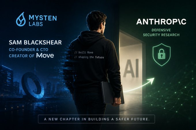 A promotional graphic announces Sam Blackshear, Co-Founder & CTO and Creator of Move, joining Anthropic for Defensive Security Research, featuring a person in a hoodie facing an 'AI' doorway.