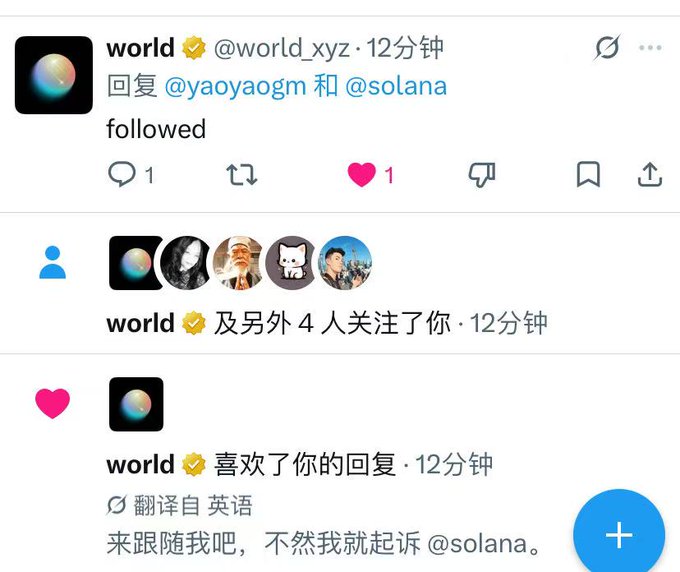 Screenshot of a Twitter/X notification feed showing the verified account "world" (@world_xyz) replying "followed" to @yaoyaogm and @solana, followed by notifications that world and 4 others followed the user, and that world liked their reply, which translates to "Come follow me, or I'll sue @solana."